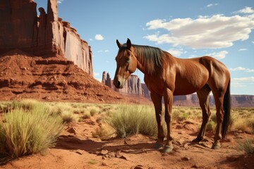 A horse rest with landscape of American’s Wild West with desert sandstones.