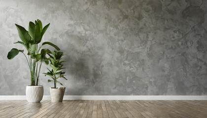 Interior background of room with gray stucco wall and pot with plant 3d rendering