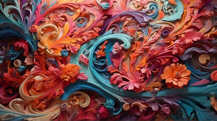 A vibrant and colorful background with swirling patterns and intricate details, rendered in a...