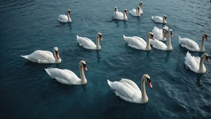 top view of flock of swans in blue water