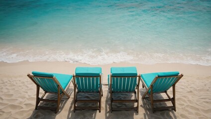 Fototapeta na wymiar Top view of beach chairs by turquoise sea