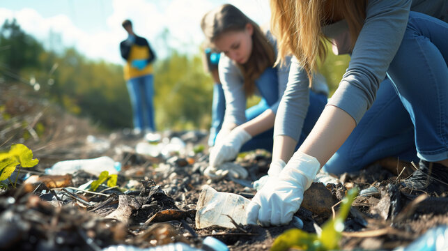 Group of volunteers diligently removing trash from a nature trail, focusing on environmental cleanliness and teamwork in the great outdoors