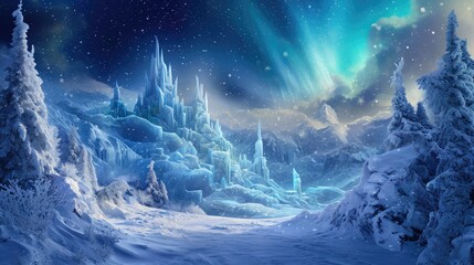 A magical winter wonderland at night, with ice castles, aurora borealis in the sky, and mystical...