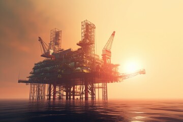 Fototapeta na wymiar Offshore oil drill platform in sea at sunrise.