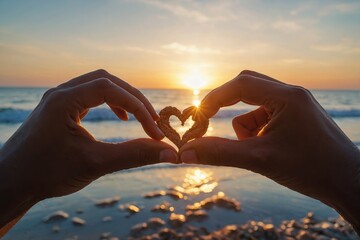 Two couple hands making heart symbol on sunset or sunrise beach
