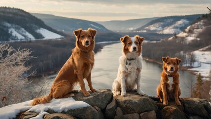 dogs on rock perch on a snow-covered hill with river, a Nova Scotia Duck Tolling Retriever and a Jack Russell Terrier look into the distance, Their poised stances and the serene woods, sunset