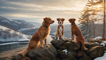 dogs on rock perch on a snow-covered hill with river, a Nova Scotia Duck Tolling Retriever and a Jack Russell Terrier look into the distance, Their poised stances and the serene woods, sunset - obrazy, fototapety, plakaty