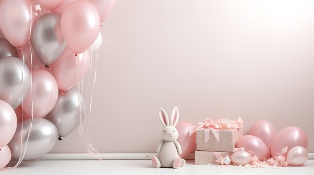 a lifelike image of a rabbit nestled in an egg decoration, highlighted against a wall with copyspace, surrounded by 2024-themed balloons that add a touch of festivity and charm.