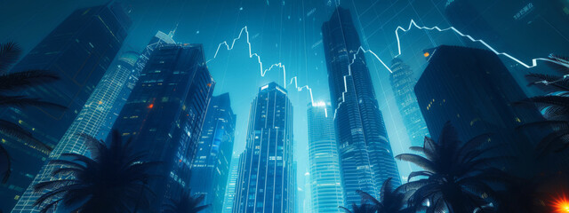 cityscape overlaid with a graphical representation of a stock market chart
