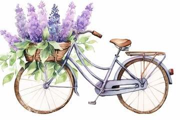Fototapeta na wymiar Illustration of an old bicycle adorned with a lavender flower-filled basket in a watercolor style. Generative AI
