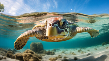 Obraz premium A turtle swimming through the clear azure waters. This serene image captures the grace and tranquility of marine life, evoking a sense of wonder and appreciation for the natural world. Ideal for promo