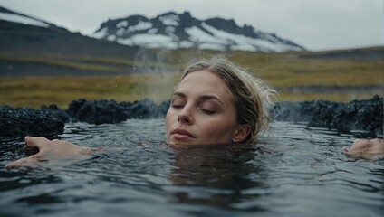 young woman enjoying spa in springs in Iceland nature 