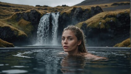 young woman enjoying spa in springs in Iceland nature 