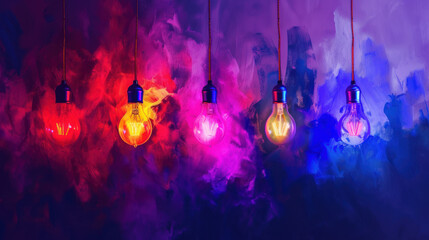  a group of light bulbs hanging from a string in front of a multicolored background of smoke and light bulbs. - obrazy, fototapety, plakaty