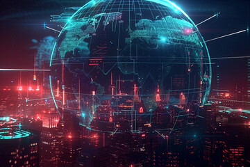 Globo terráqueo digital con luces y conexiones de red sobre ciudad en la noche (Generative AI)