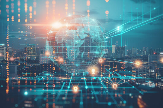 Globo digital con redes de comunicaci&oacute;n sobre ciudad futurista (Generative AI)