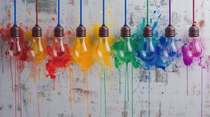  a row of multicolored lightbulbs hanging on a wall with paint splatters all over them.