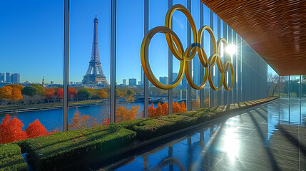 The Olympic rings and the Eiffel tower. Summer Olympic games concept. - obrazy, fototapety, plakaty