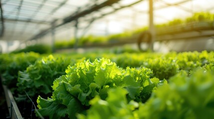 Vibrant Lettuce Greens in Sunlit Hydroponic Farm, Agriculture Innovation. Sunlight filters through lush greenery in a hydroponic system, highlighting sustainable farming methods. - obrazy, fototapety, plakaty