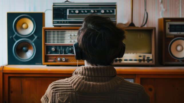 Vintage Audio Experience: Person wearing headphones in front of vintage stereo equipment and wood paneling