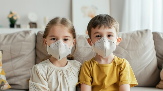 Young Siblings with Masks at Home, Health Precaution Concept. Two young children don face masks inside, a sign of health precautions in the household.