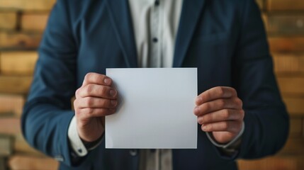 Successful young male businessman or freelancer holding small sheet of paper in his hands close-up, copy space