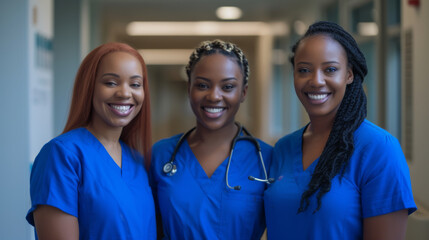 three professional women in blue medical scrubs smiling confidently in a clinical or hospital setting.