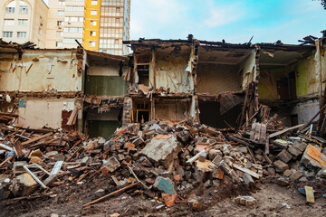 Ruined house. Result of military conflicts or natural disasters concept