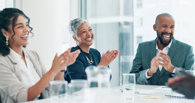 Business people, clapping or teamwork in boardroom after presentation for successful pitch in office. Professional salespeople, high five and smile during meeting, workshop or team building