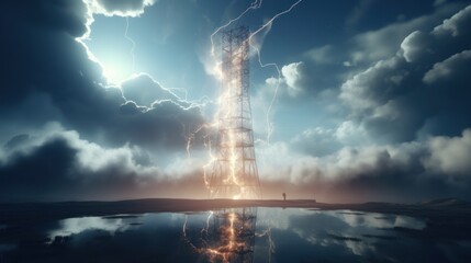 Bright lightning strike on a power tower in a thunderstorm at night.