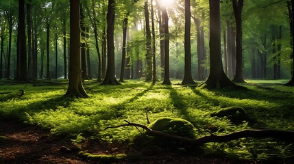 a peaceful forest glade with sunlight filtering through tall trees, illuminating a carpet of moss and creating a tranquil ambiance. - obrazy, fototapety, plakaty
