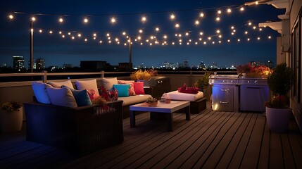a private rooftop observatory at night, adorned with twinkling string lights and colorful birthday decorations. Reclining lounge chairs invite stargazers to relax under the vast night sky. - obrazy, fototapety, plakaty