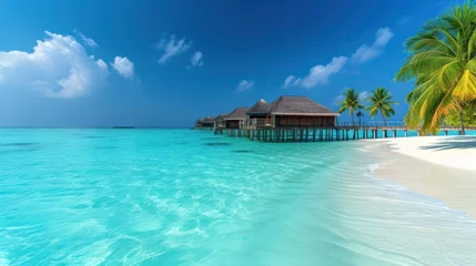 Foto op Canvas  a tropical beach with palm trees and a hut in the middle of the water and a pier in the middle of the water. © Olga