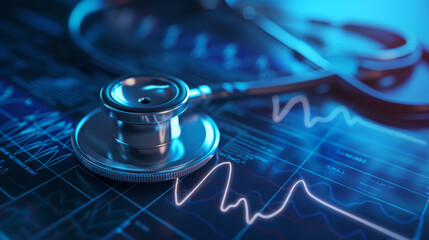 A modern stethoscope rests on a digital tablet displaying a vibrant blue electrocardiogram, indicative of innovative health technology in medical diagnostics.