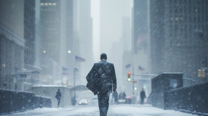 A trader walks in a cold snowing street. Finance and investment theme concept.