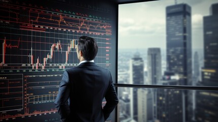 Fototapeta premium A trader standing in front of charts and diagrams analysis background. Finance and investment theme concept.