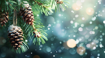 Holiday Pine Cone Bokeh on Green with Stylish Gray and Blue Tones