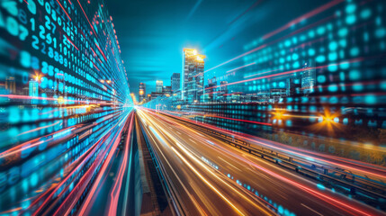 digital binary code background ,theme of technology and data flow in an urban environment.