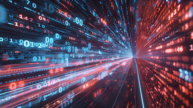 digital binary code background ,theme of technology and data flow in an urban environment.