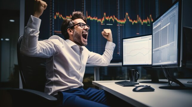 An excited trader wow at computer screen in office.