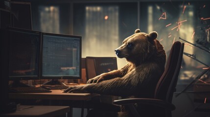 An aggressive bear in trading room in control symbolizing finance and investment bear market concept. - obrazy, fototapety, plakaty
