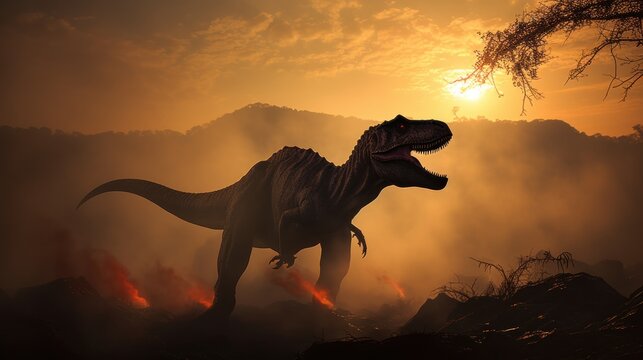 Dinosaur stands in prehistoric environment with a erupting volcano. Photorealistic.