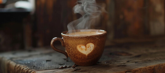 Fototapeta na wymiar Heartfelt Coffee, A Rustic Charm with Steamy Love