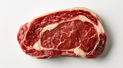 Obraz premium A close-up of a raw ribeye steak with marbling of fat, displayed on a white background.