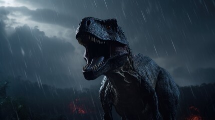 Dinosaur stands in lightning storm in prehistoric environment. Photorealistic.