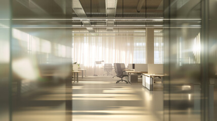blurred view of an office interior with illuminated ceiling lights reflecting on a shiny floor.