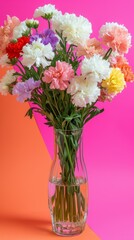 Beautiful bouquet of different flowers in glass vase on pastel multicolored background
