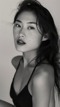 Black and white photo of beautiful Asian girl, close-up portrait of woman