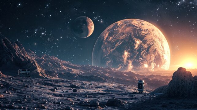 A human base station on alien land landscape with giant planet and mountains.