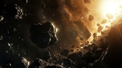 Close-up view of asteroid floating in space in large quantity.